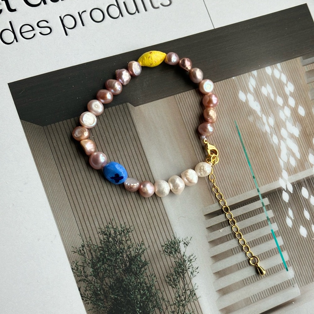 Baroque Bracelet with hand made beads of lemon and blueberry